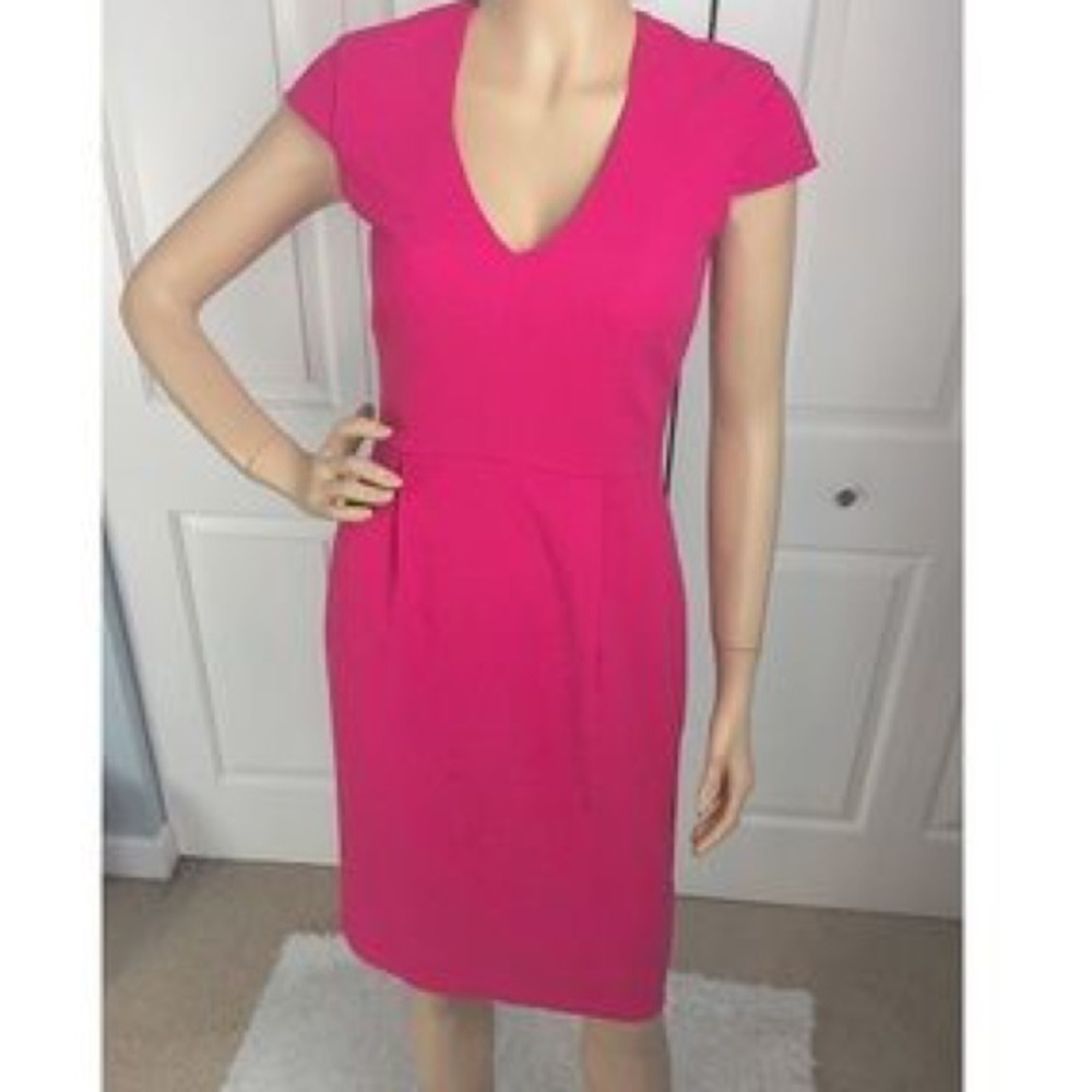 H&M Midi Fitted Dress with V-Neck and "Cap" Sleeves - US Size 6 in Hot Pink